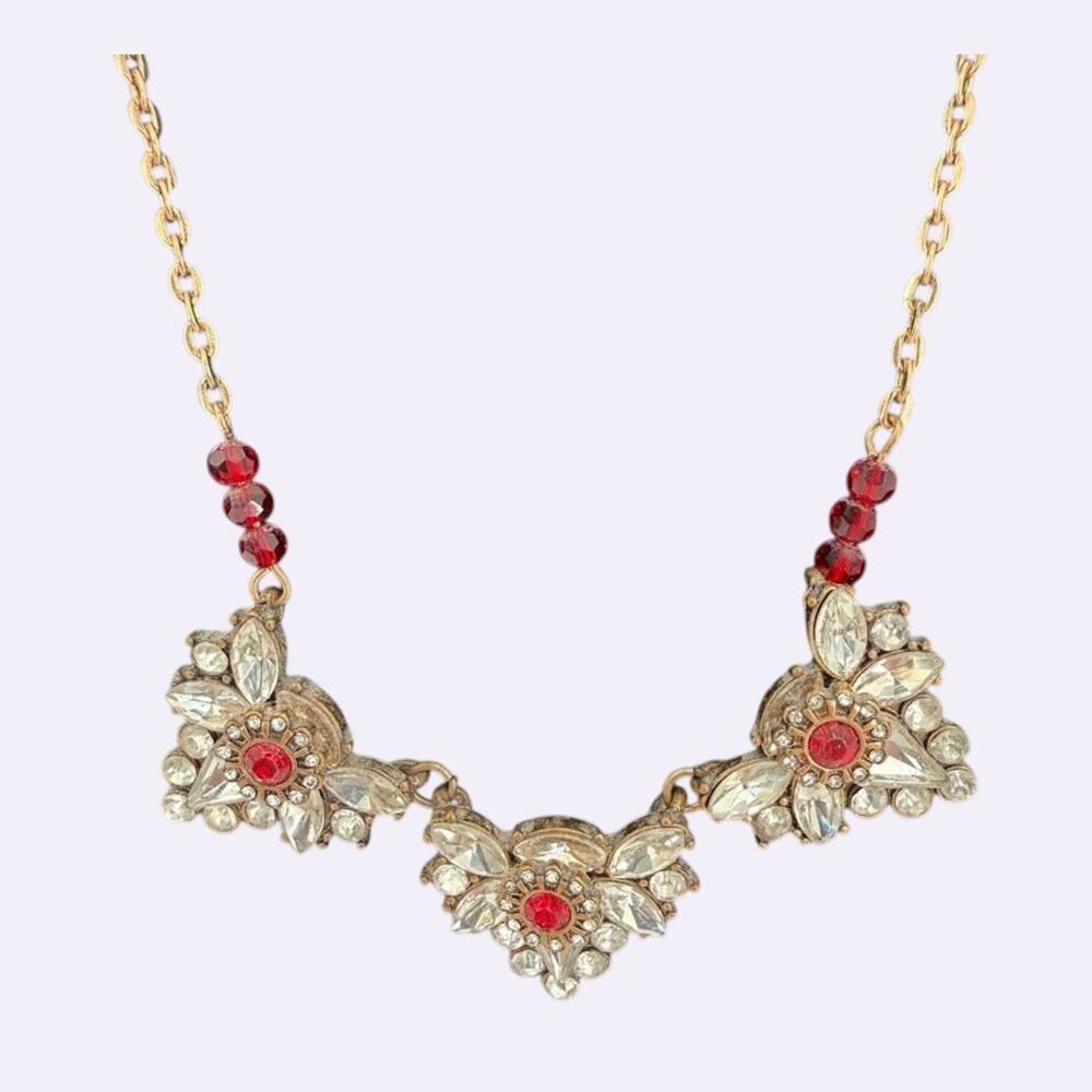 Vintage Style Statement Necklace Gold Tone Red Clear Rhinestone Floral Bib Jewel